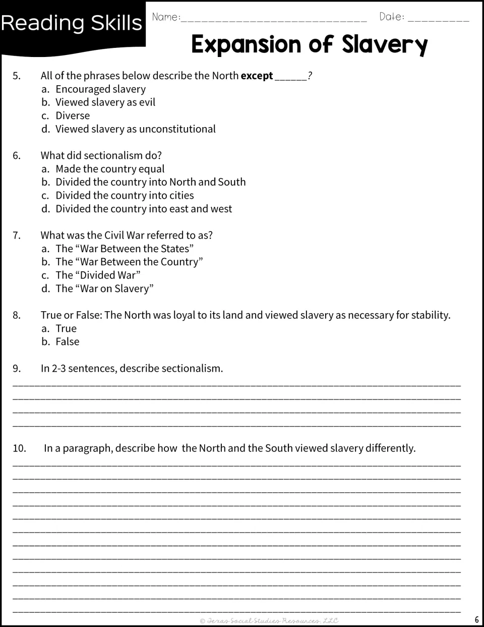 Questions 5-10 on North and South views and sectionalism: students choose answers, then write sentences and a paragraph