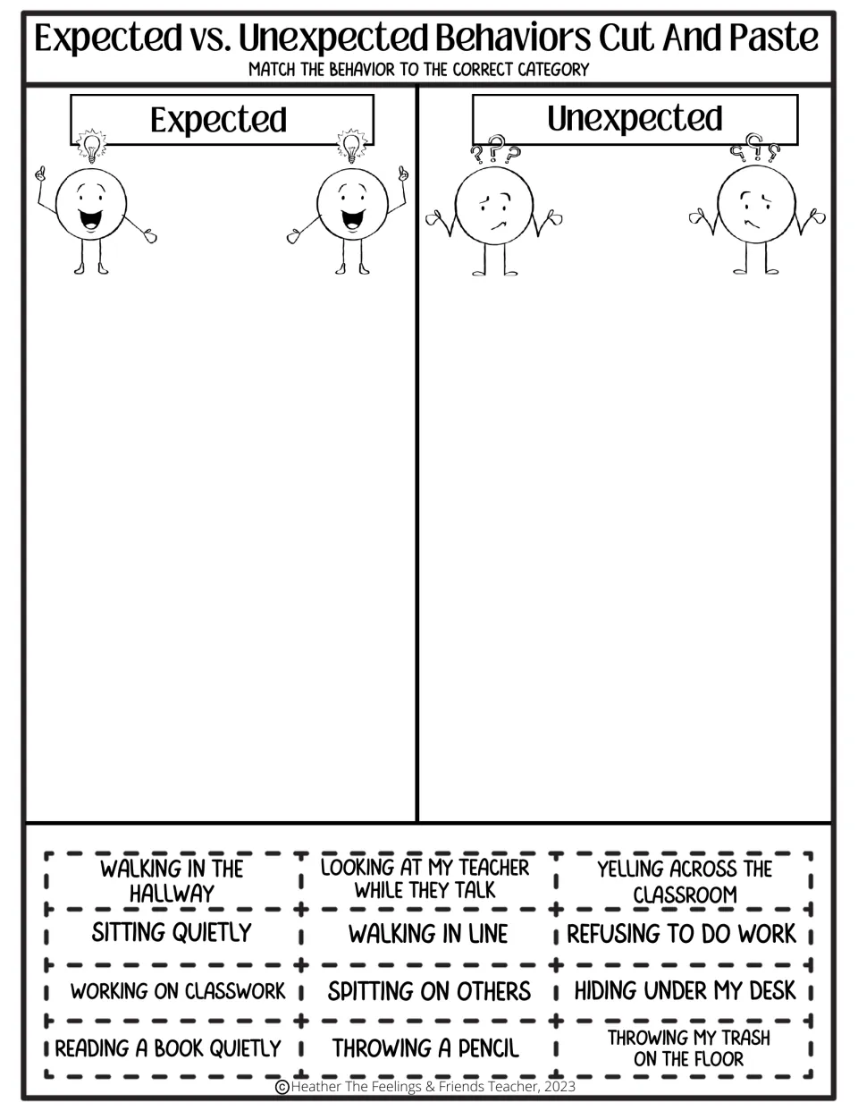 Classroom behavior sort: students place 12 cards, such as walking in line or yelling in class, into expected or unexpected