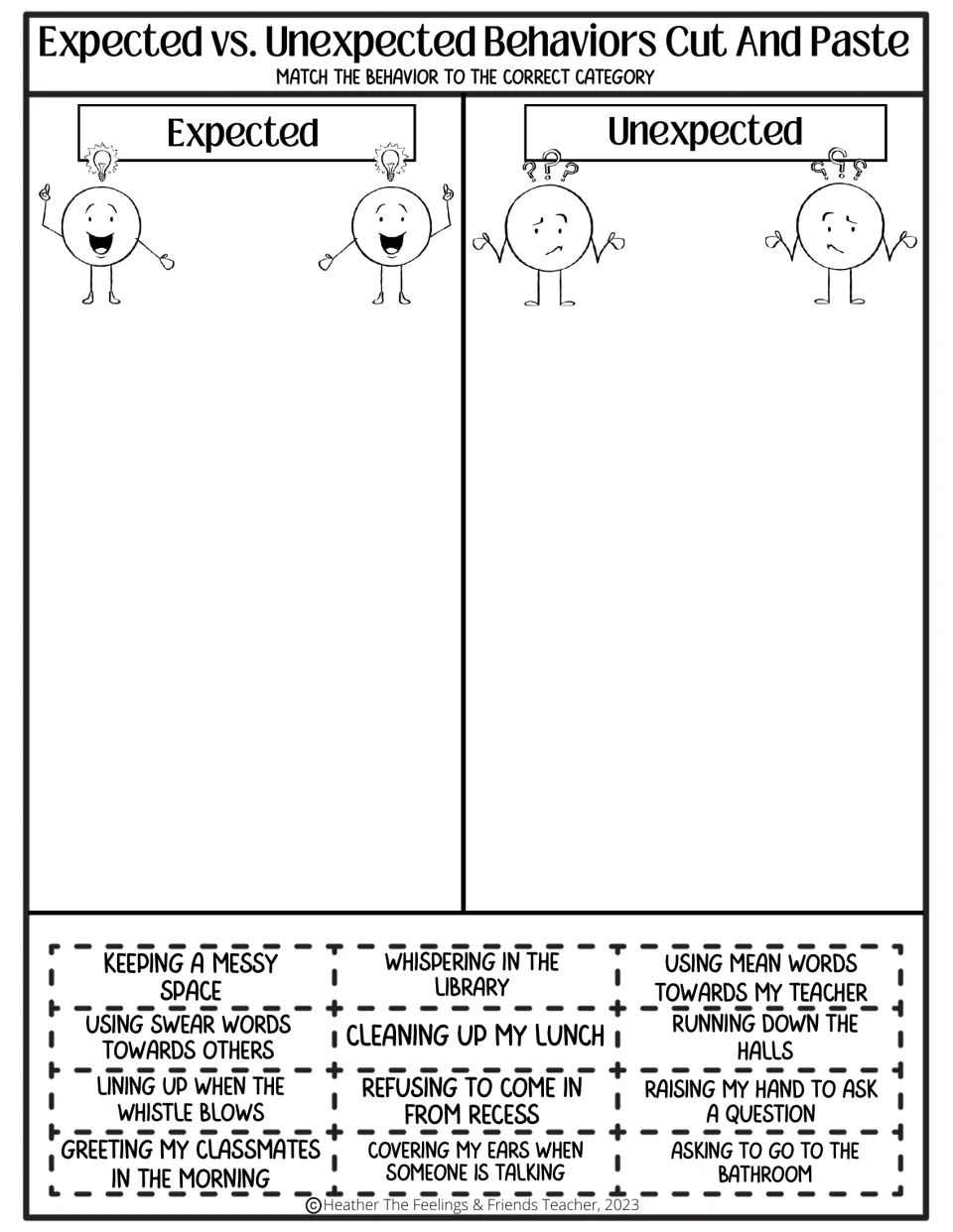 School behavior sort: students glue 12 cards, like whispering in the library or running in halls, as expected or unexpected