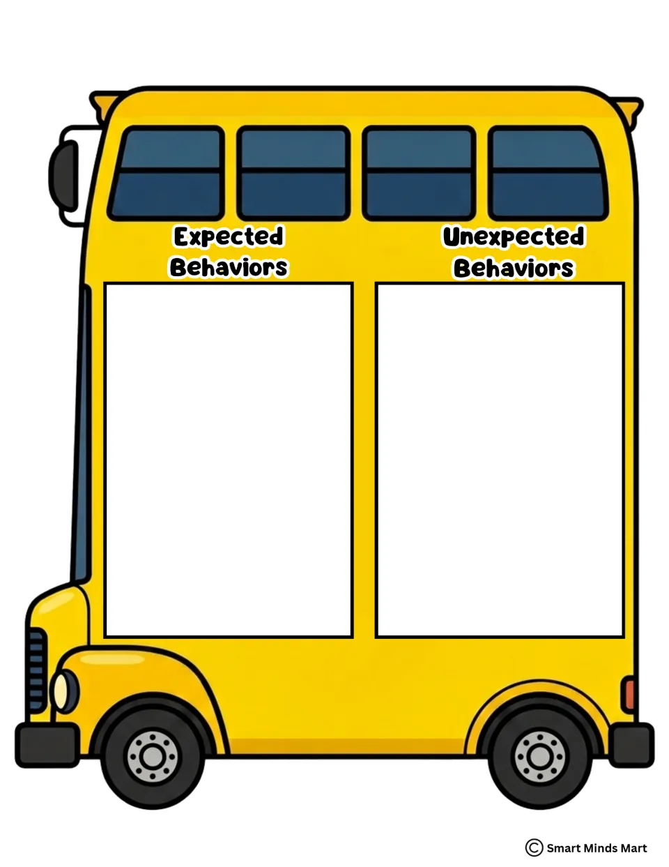 Yellow school bus sorting mat: students glue behavior cards under the Expected Behaviors or Unexpected Behaviors headings