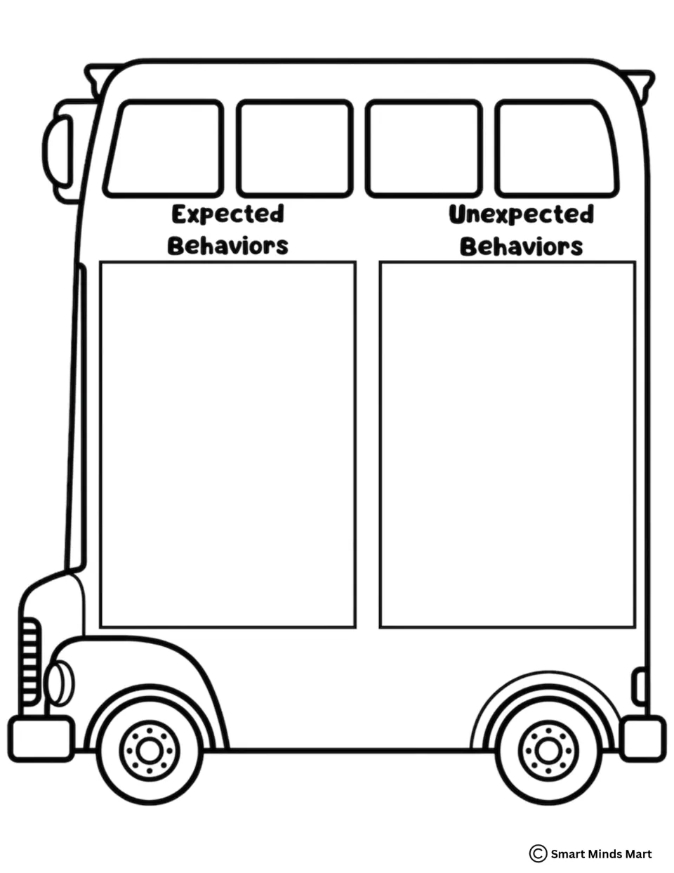 Black-and-white school bus sorting mat for students to color, then sort cards into Expected and Unexpected Behaviors