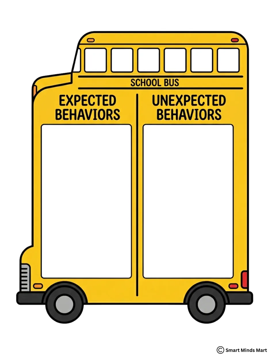 School bus sort in a second design: students place behavior cards on the EXPECTED BEHAVIORS or UNEXPECTED BEHAVIORS side