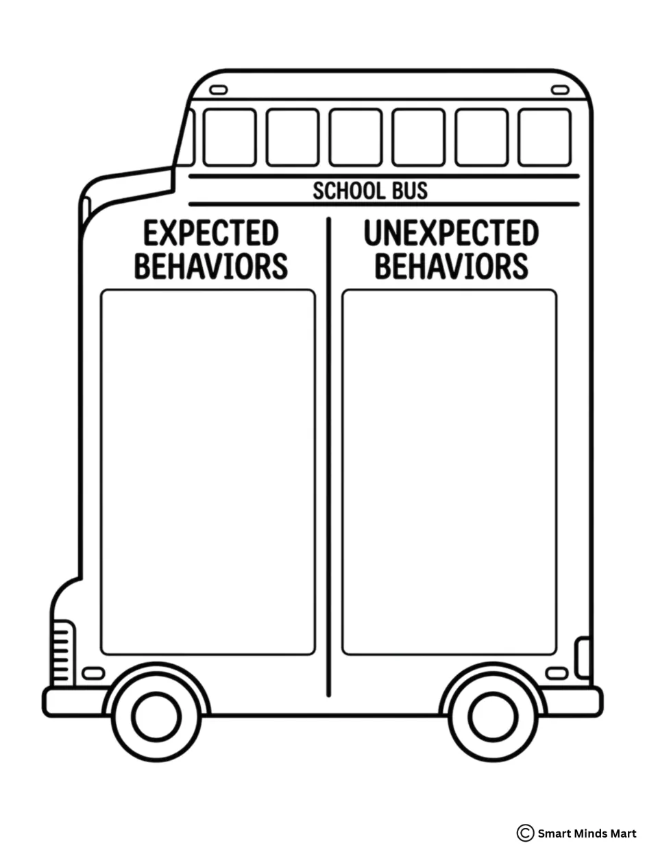 Outline SCHOOL BUS sorting mat to color: students divide behavior cards between expected and unexpected sides of the bus