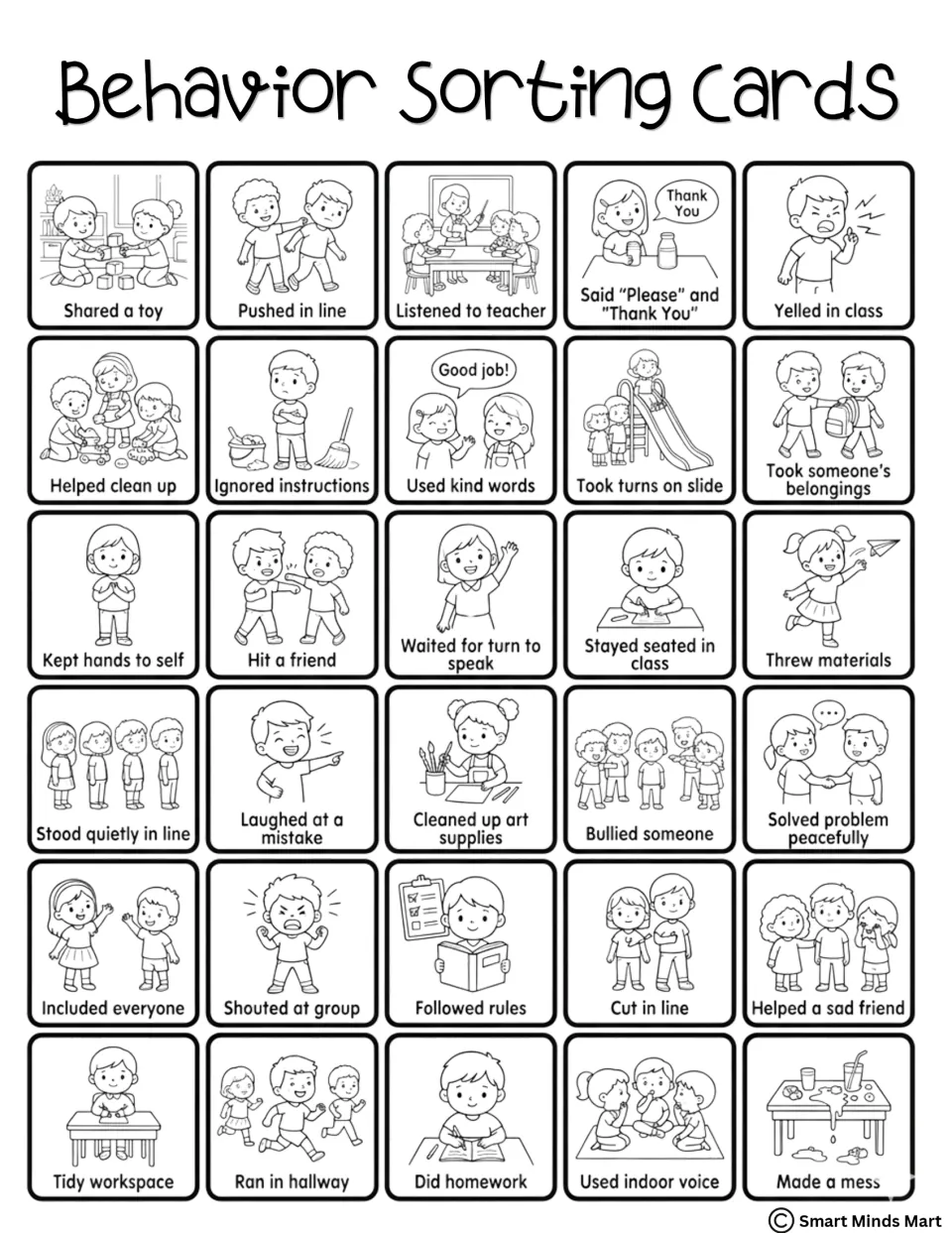 Black-and-white Behavior Sorting Cards: the same 30 scenes, from Helped clean up to Made a mess, to color and sort