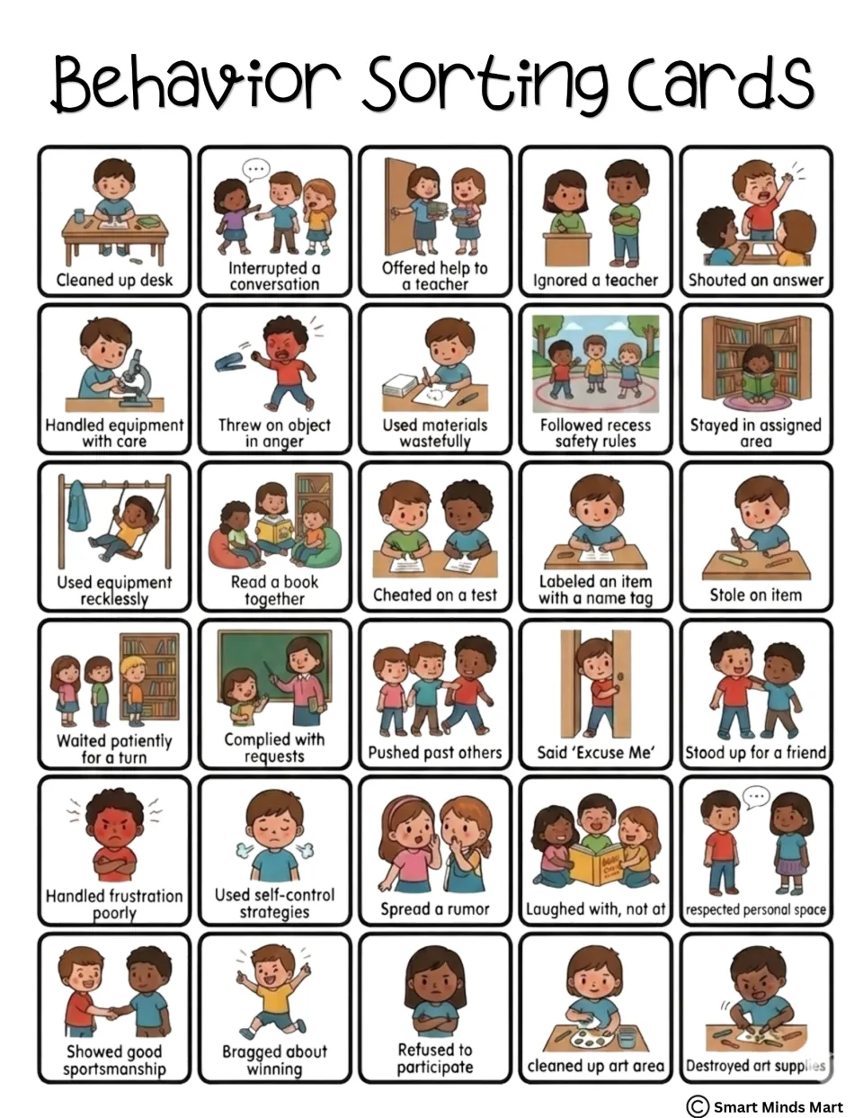 Second set of 30 color behavior cards, including Cleaned up desk, Cheated on a test and Stood up for a friend, to sort