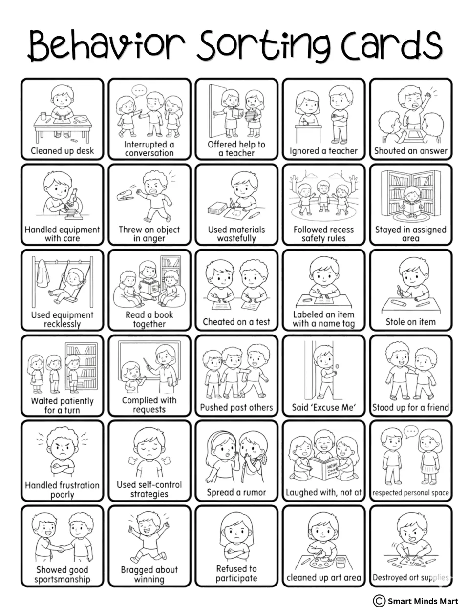 Line-art version of the second card set: 30 scenes like Spread a rumor and Showed good sportsmanship for students to sort