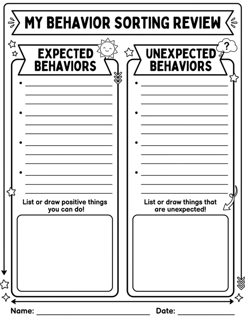 My Behavior Sorting Review: students list or draw positive things they can do and things that are unexpected