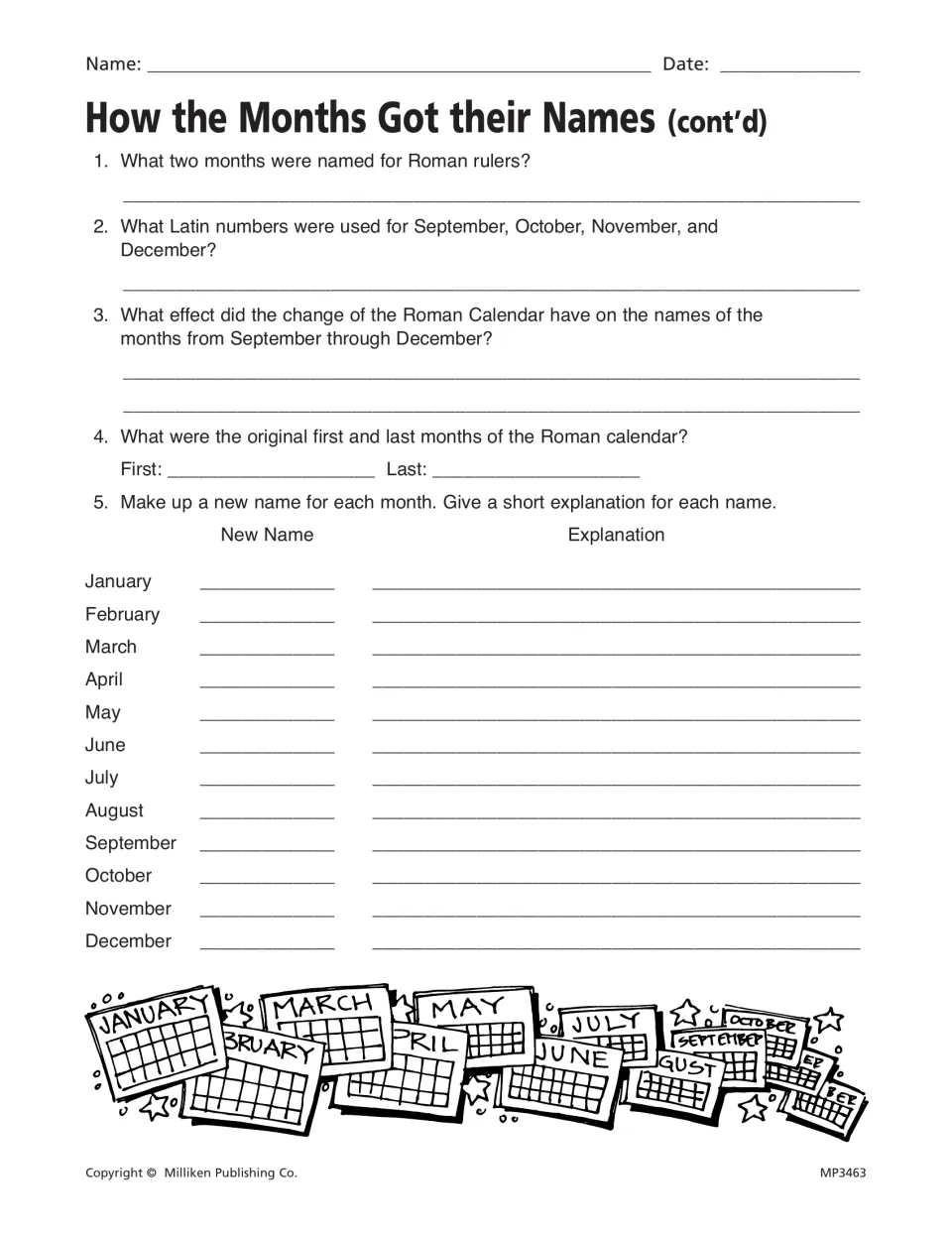 Month-name follow-up questions about Roman rulers and calendar order, plus a task to rename all 12 months