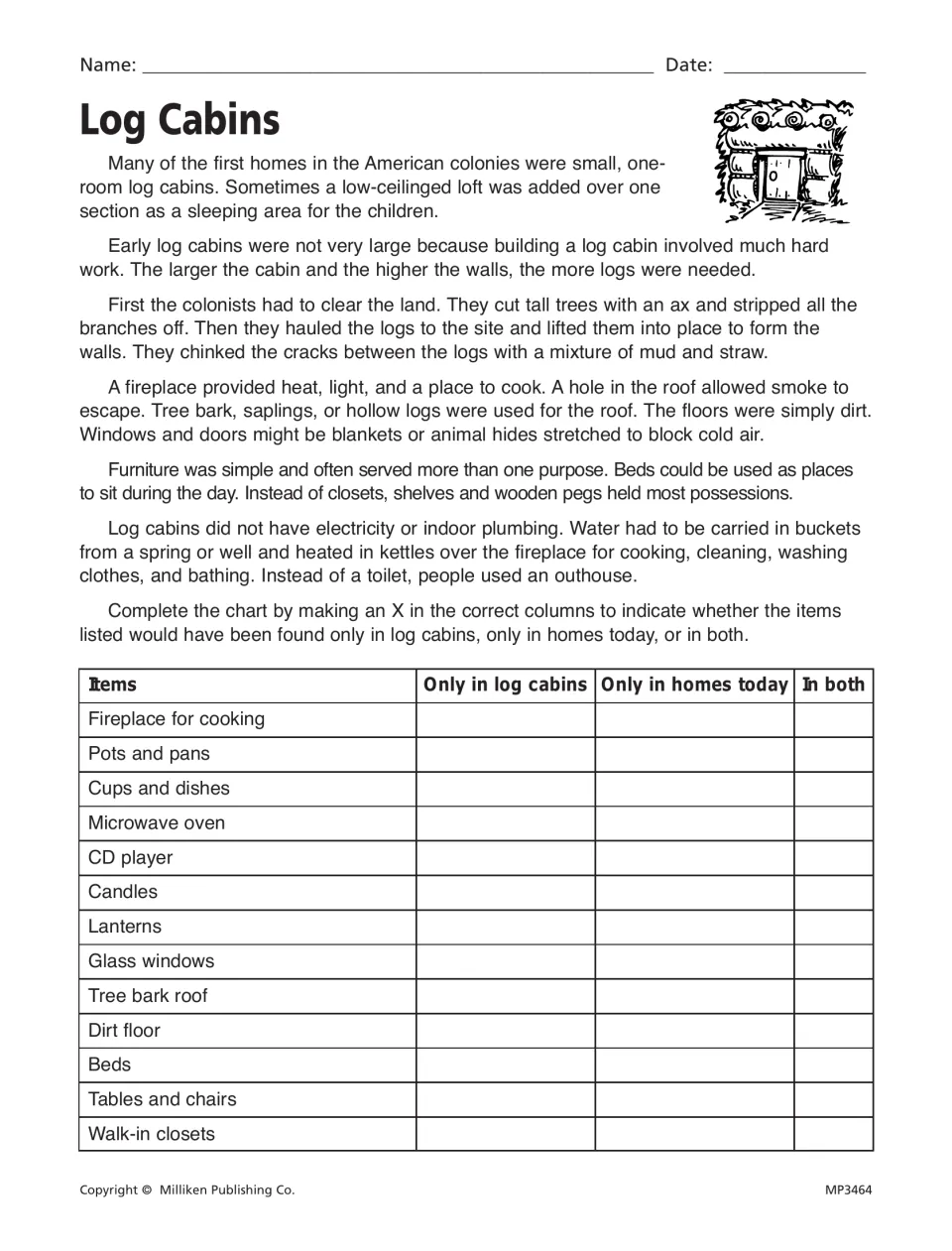Log Cabins reading and comparison activity sorting 13 household items into past homes, modern homes, or both
