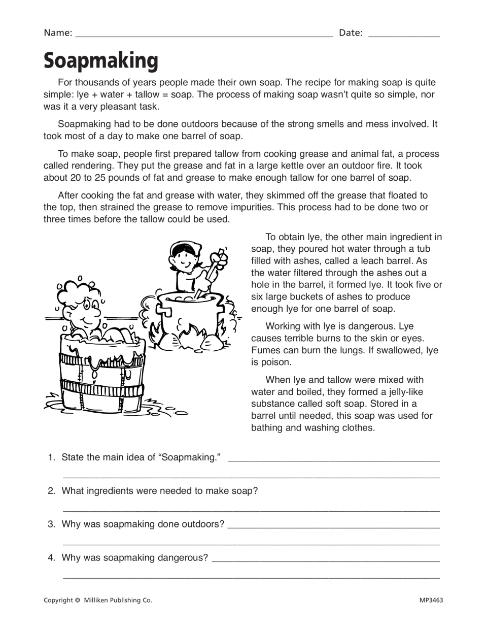 Soapmaking passage explaining tallow, lye, and soft soap, followed by four reading comprehension questions