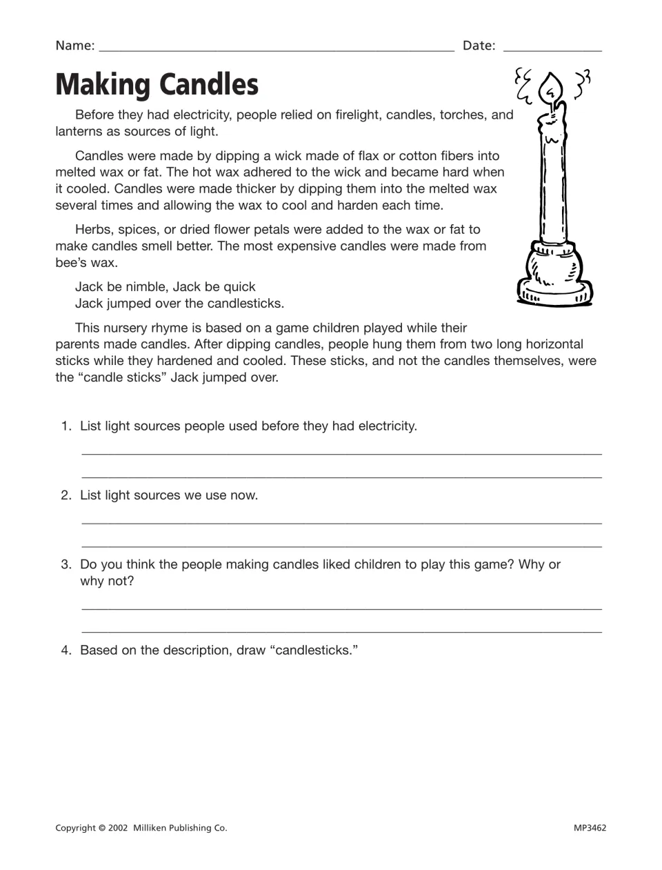 Making Candles passage with questions about light sources and a children’s game, plus a candlestick drawing task
