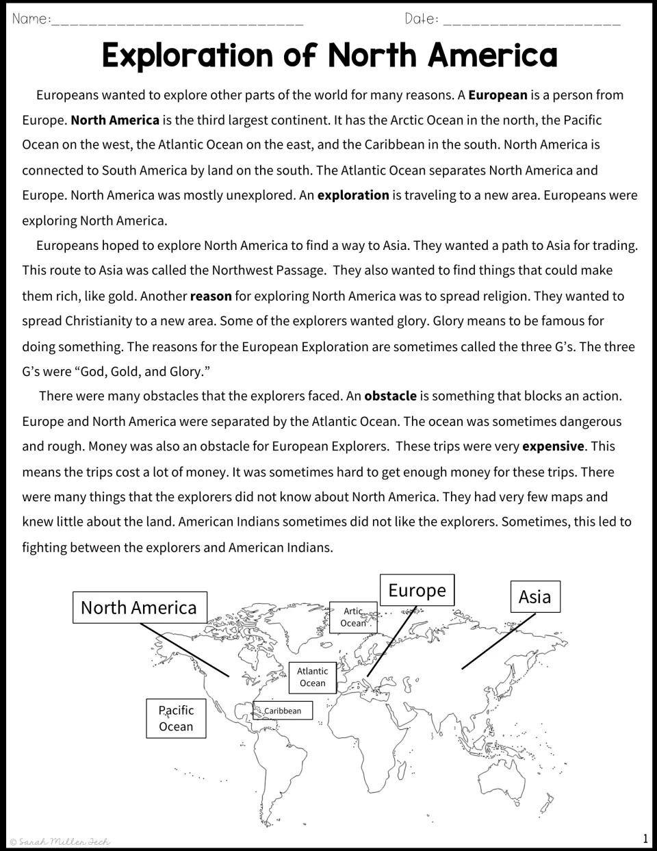 European exploration passage: students read about the three G's and obstacles explorers faced, plus a labeled world map
