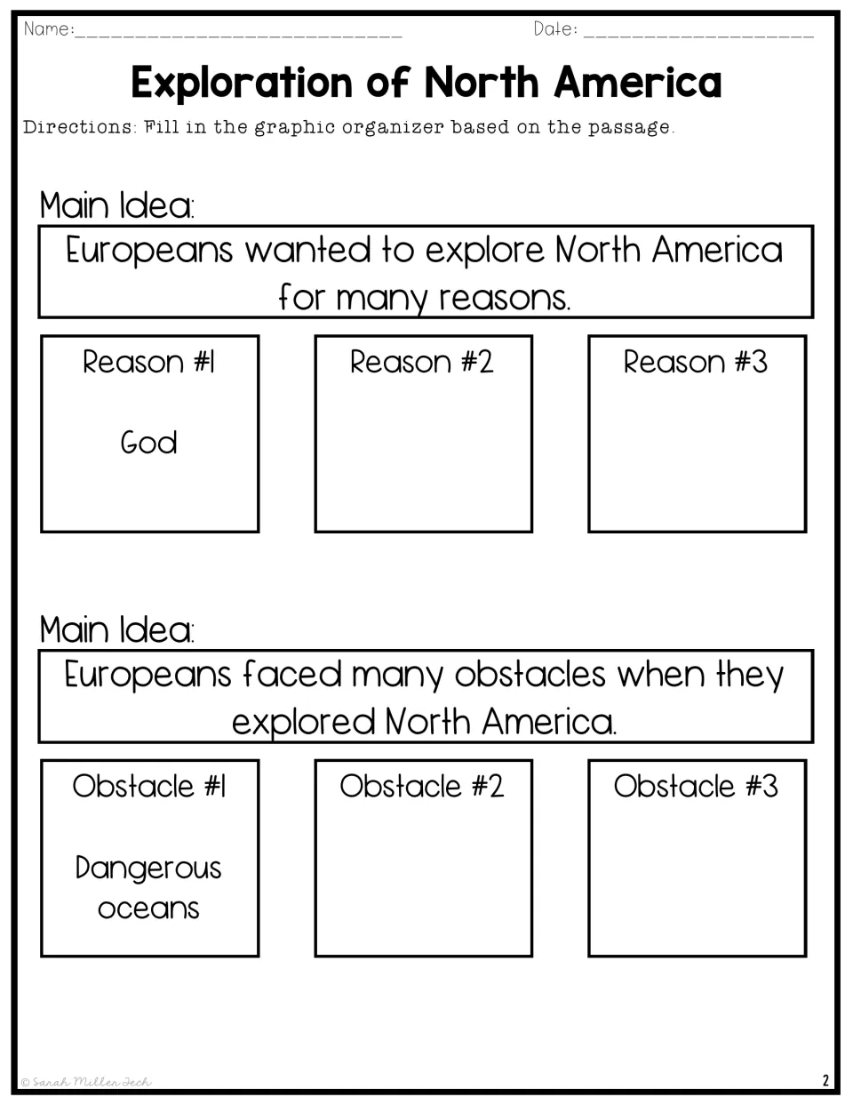 Main idea graphic organizer: students list three reasons Europeans explored and three obstacles they faced