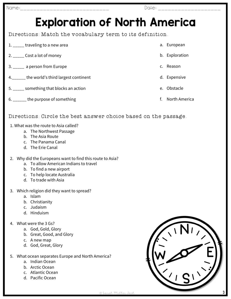 Vocabulary matching for six terms like obstacle and exploration, then five multiple-choice questions on the passage
