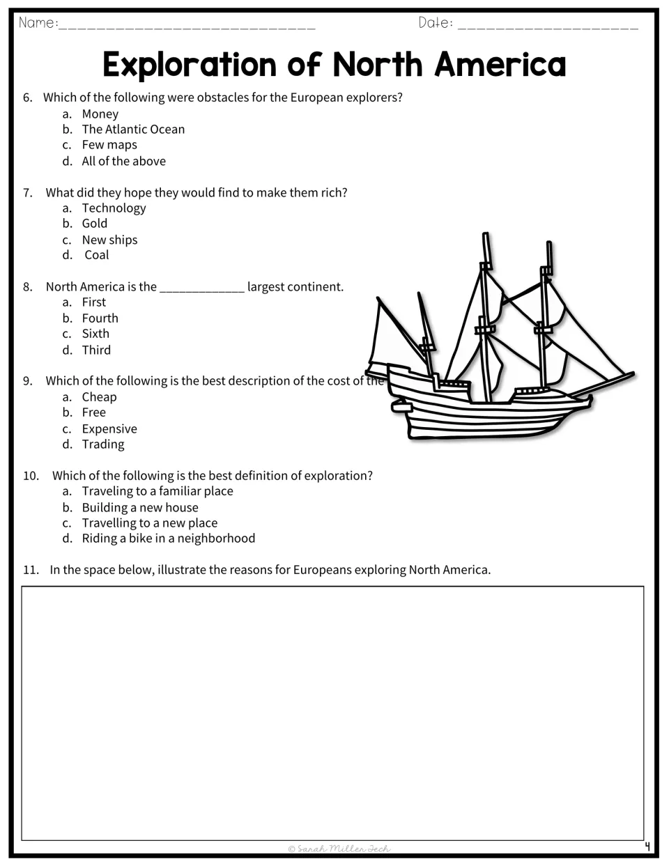 Comprehension questions 6-10 on explorers' obstacles, gold and the continent's size, then drawing the reasons for exploring