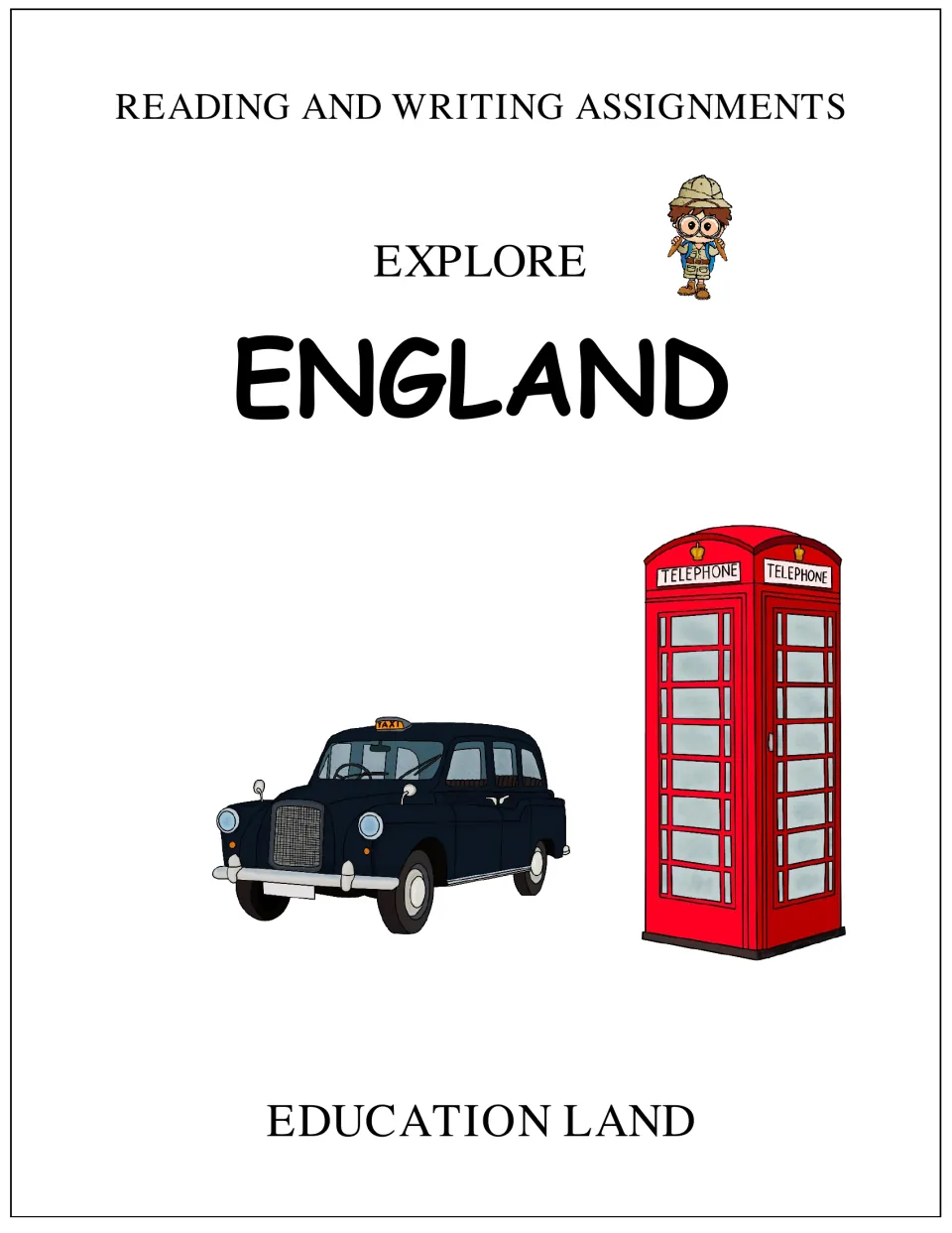 Explore England reading and writing packet cover featuring a black cab and a red telephone booth