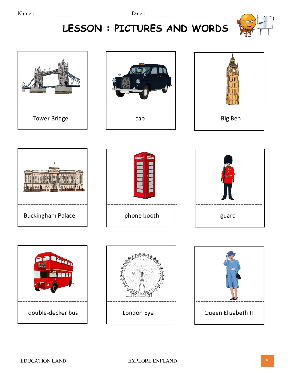 Picture vocabulary lesson introduces nine England terms, including Tower Bridge, cab, Big Ben, and London Eye