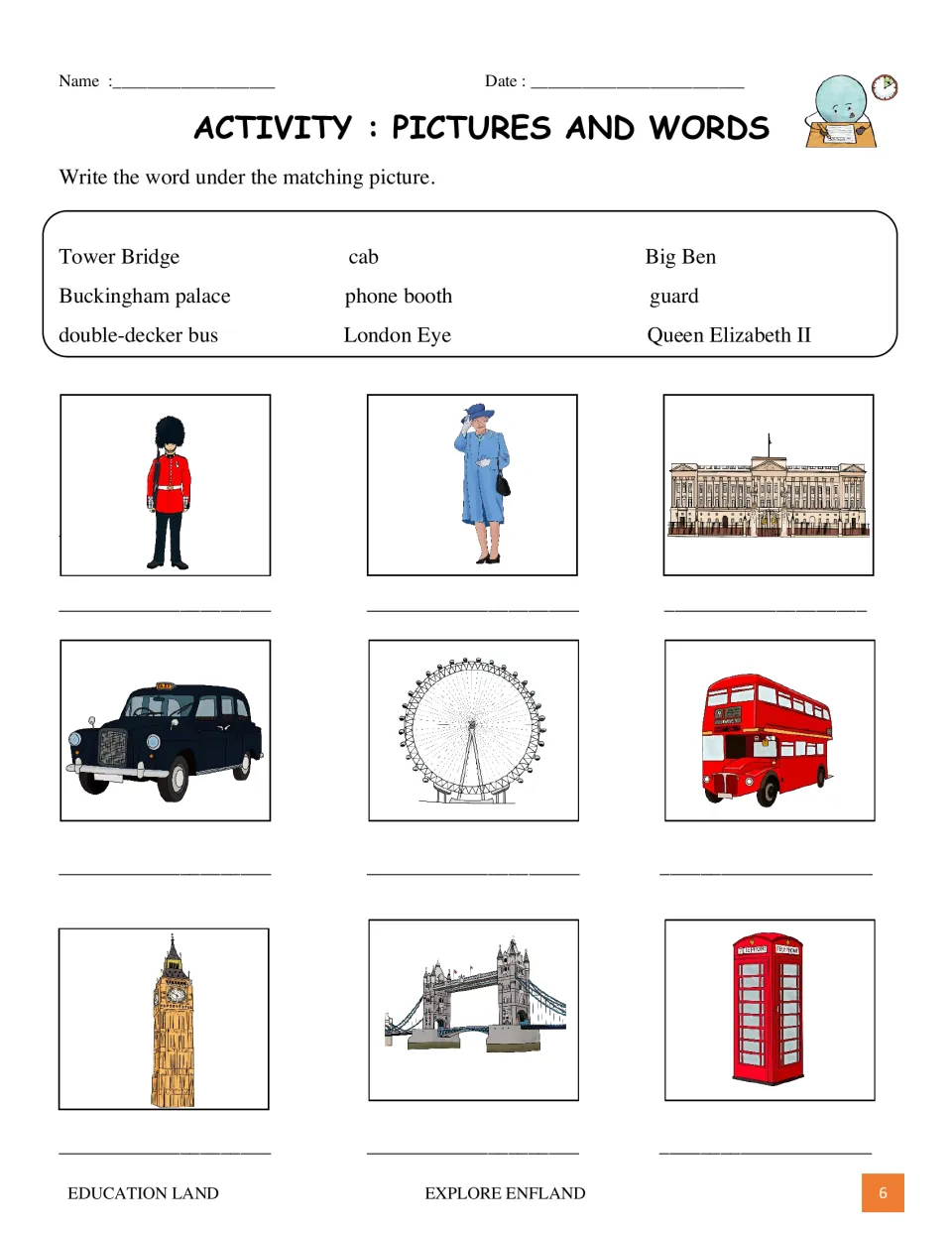 Vocabulary matching activity asks students to label nine England pictures using the lesson's word bank