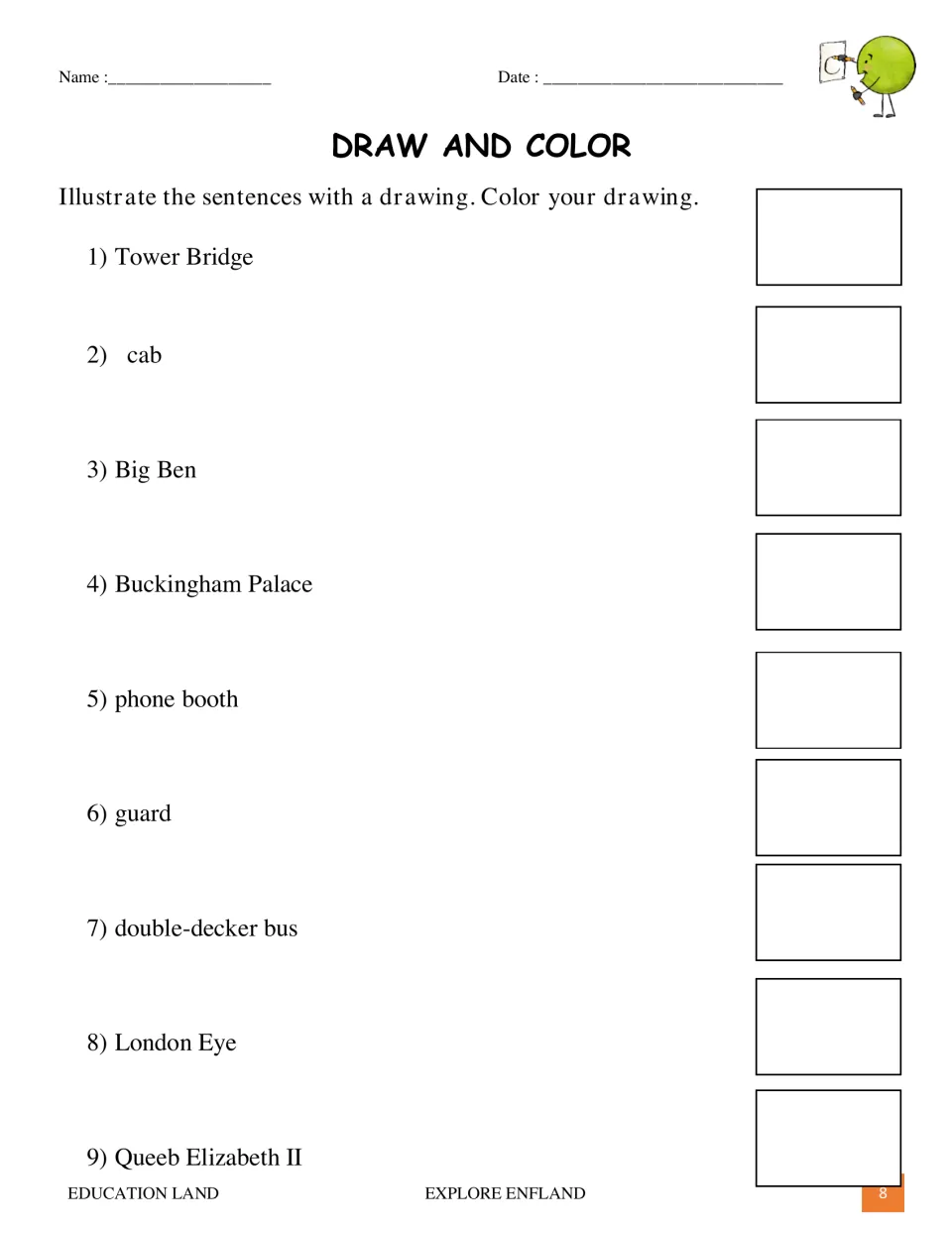Draw and color activity asks students to illustrate nine England terms, including Tower Bridge and Big Ben