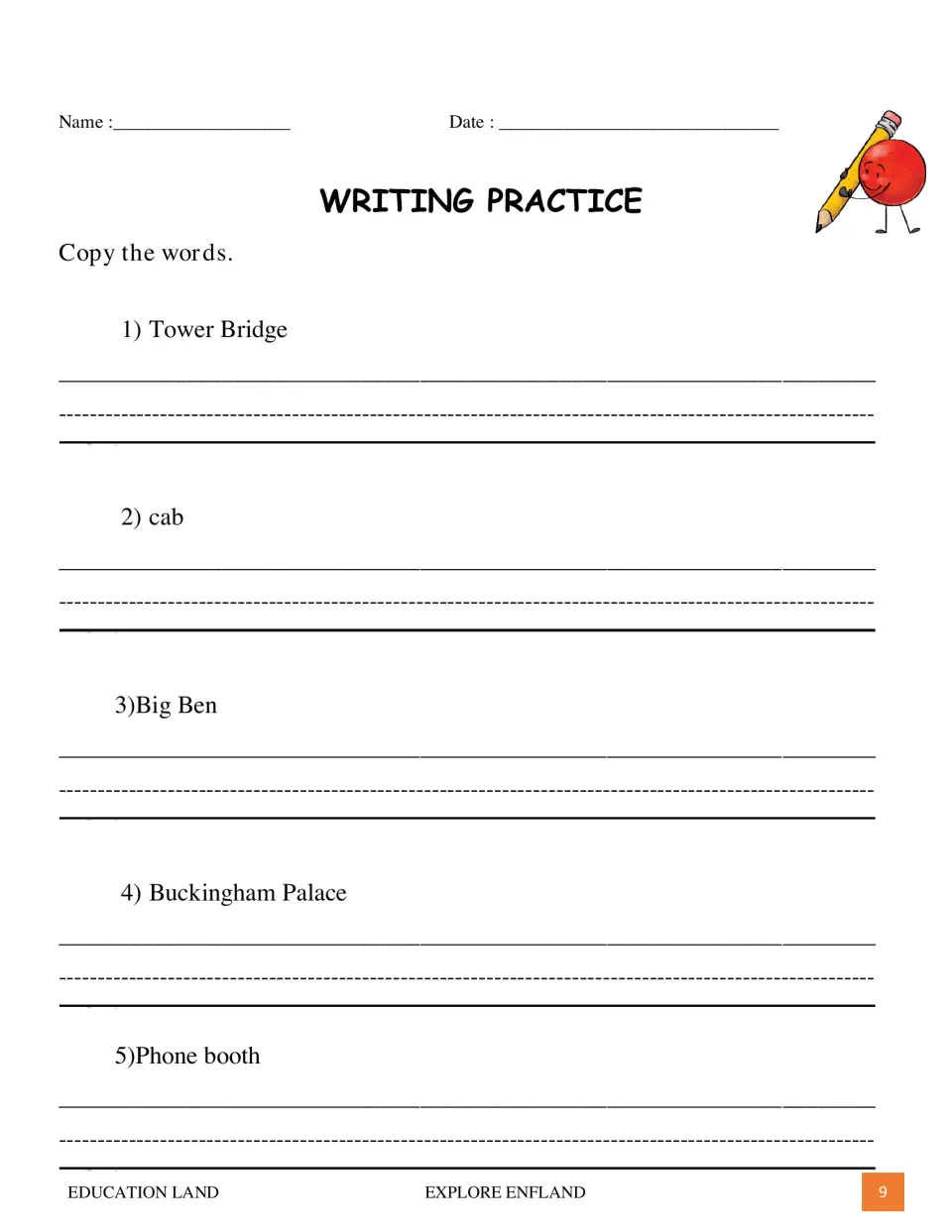 Writing practice asks students to copy five terms: Tower Bridge, cab, Big Ben, Buckingham Palace, and phone booth