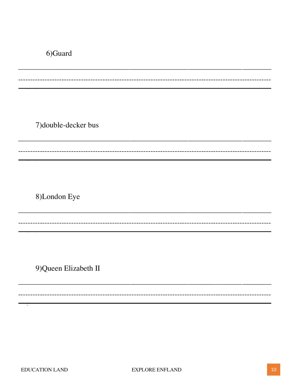 Writing practice continues with four terms: guard, double-decker bus, London Eye, and Queen Elizabeth II