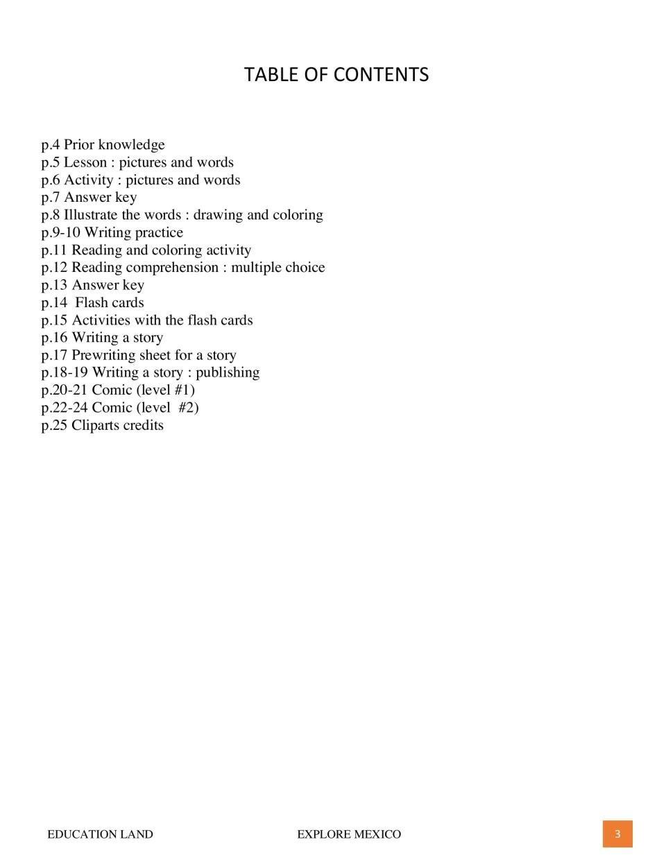 Table of contents lists vocabulary, writing, reading, flashcards, stories, comics, answer keys, and credits.