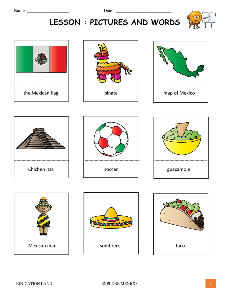 Vocabulary lesson pairs nine pictures with labels, including Mexican flag, piñata, map of Mexico, and soccer.