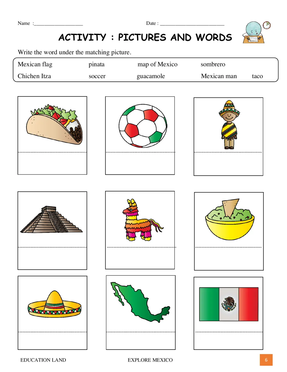 Vocabulary matching activity asks students to label nine pictures using words such as taco, soccer, and sombrero.