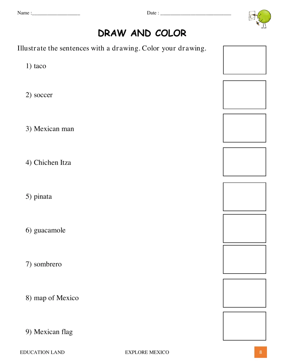Draw and color activity asks students to illustrate nine vocabulary items, including taco, soccer, and Chichen Itza.