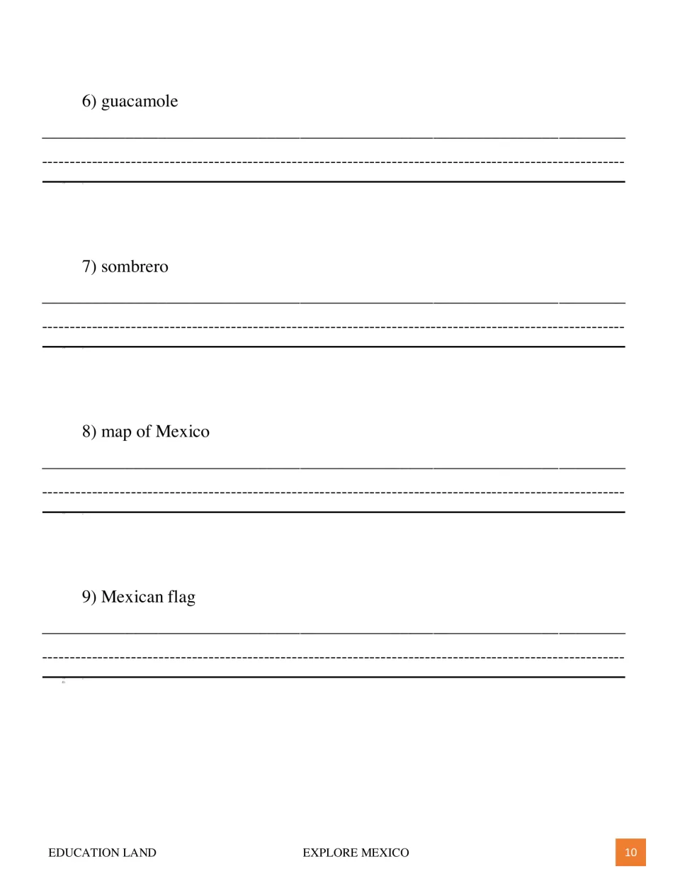 Writing practice continues with vocabulary items 6–9: guacamole, sombrero, map of Mexico, and Mexican flag.