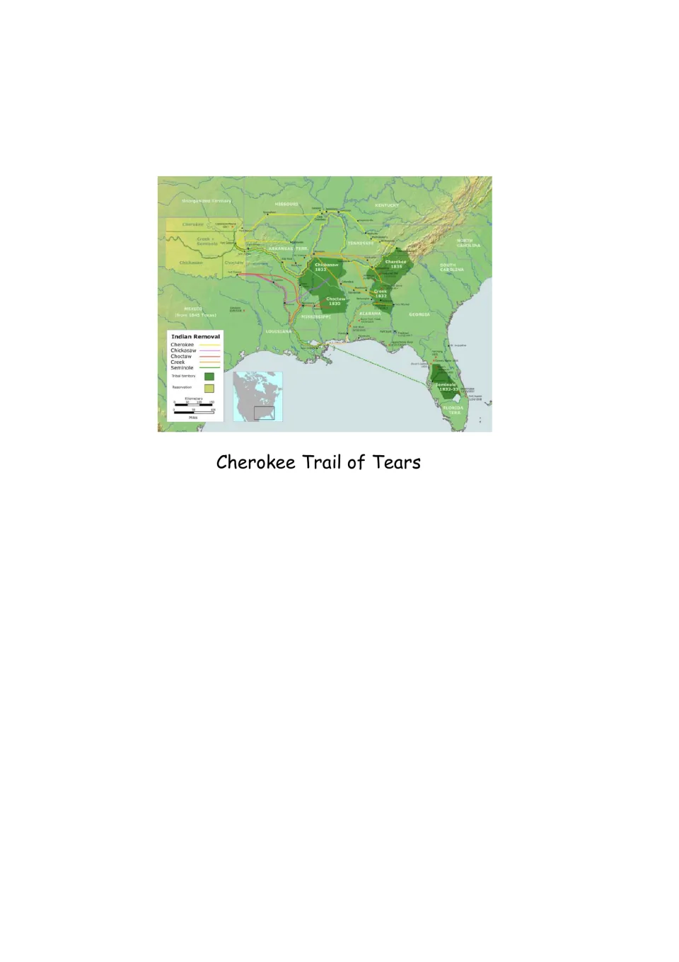 Trail of Tears map: Indian Removal routes of the Cherokee, Chickasaw, Choctaw, Creek and Seminole to western territory