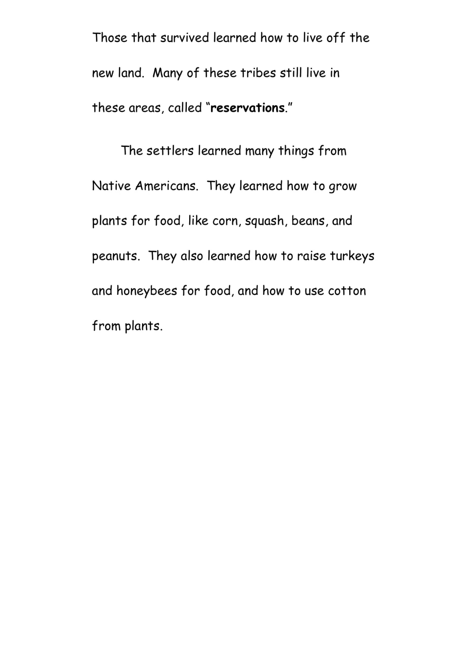 Reservations and farming: reading on crops settlers learned from Native Americans, like corn, squash, beans and peanuts