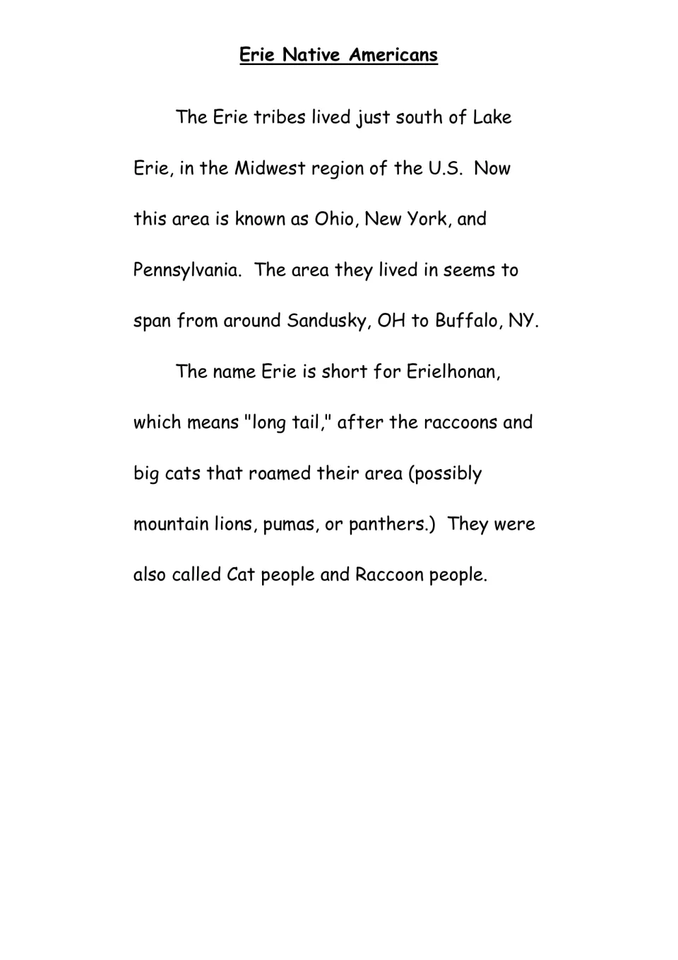 Erie Native Americans: reading on where the Erie lived, from Sandusky to Buffalo, and why they were called Cat people