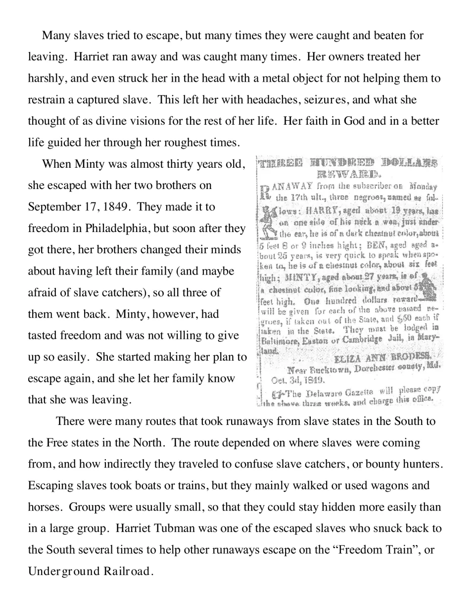 Reading on Minty's head injury, 1849 escape with her brothers and their return, with a $300 runaway reward notice