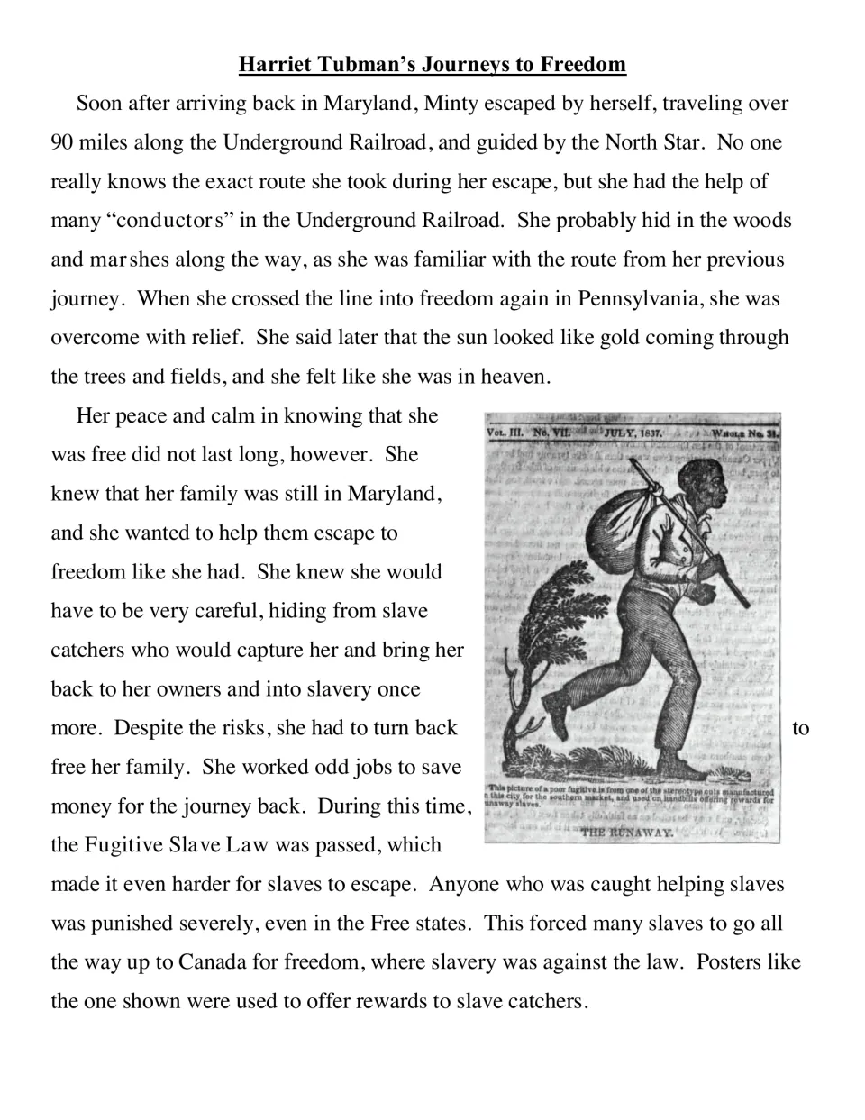 Journeys to Freedom: text on Minty's solo 90-mile escape by the North Star and the Fugitive Slave Law, with a woodcut