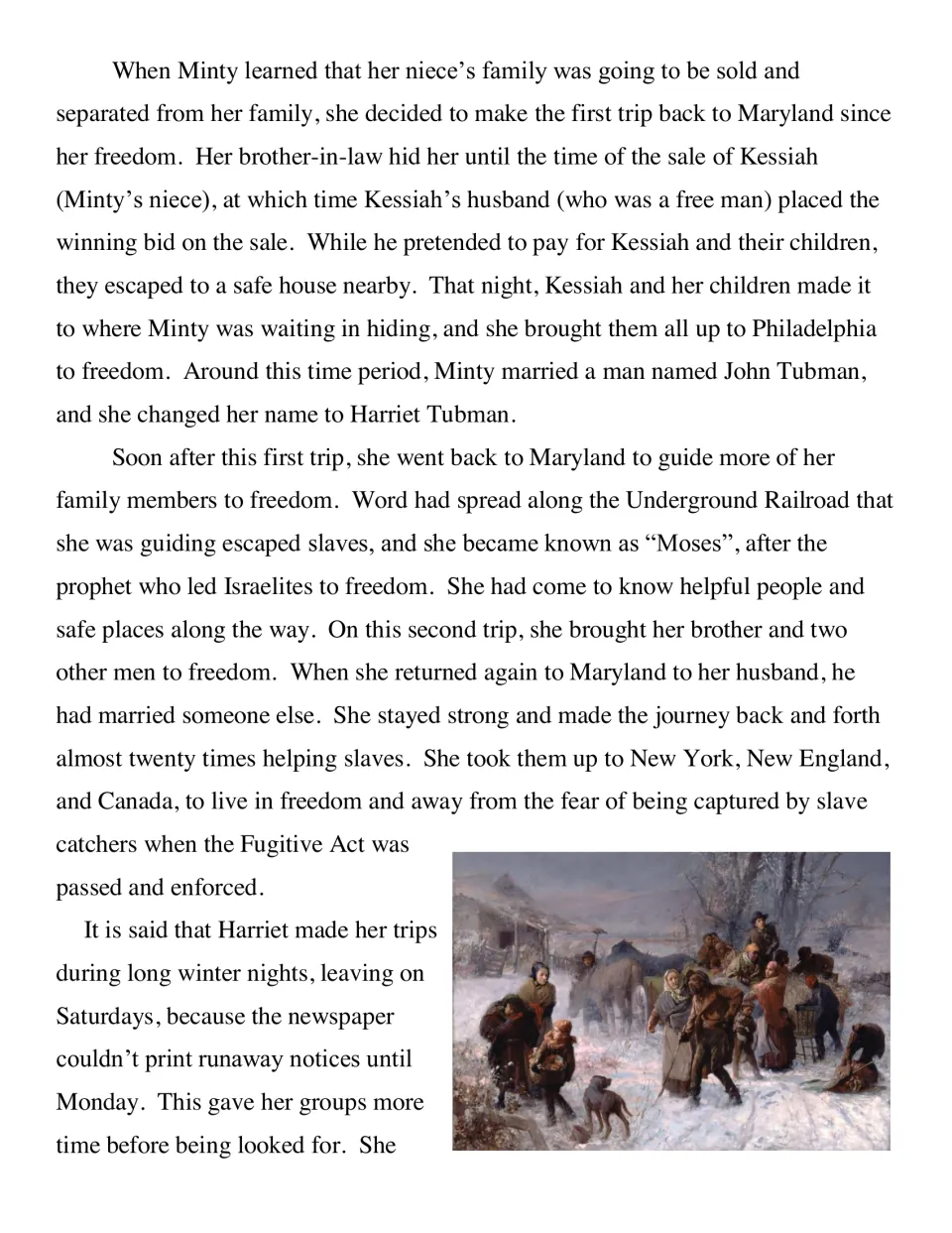 Passage on rescuing niece Kessiah, the name 'Moses' and winter Saturday departures, with a painting of escapees in snow