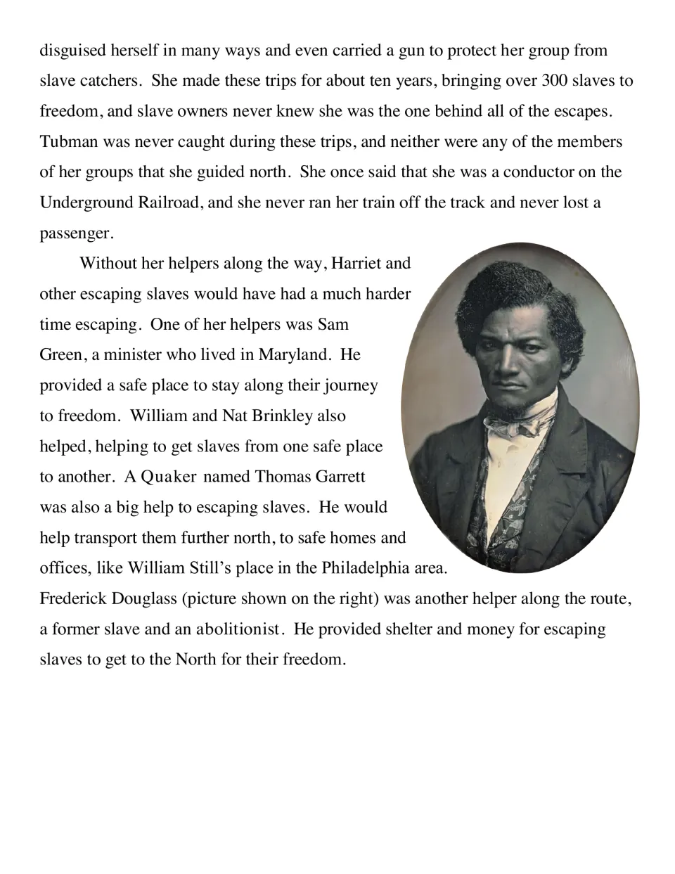 Reading on 300 people led north and Underground Railroad helpers like Thomas Garrett, with a Frederick Douglass portrait