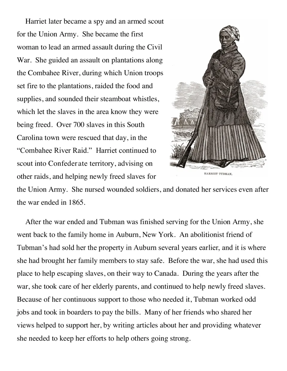 Passage on the Combahee River Raid freeing 700 people and her postwar Auburn, New York home, with an engraving of her