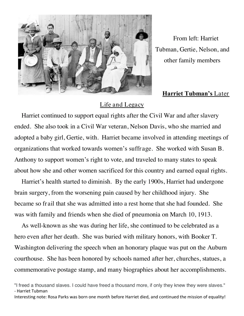 Later Life and Legacy: reading on suffrage work, her 1913 death and honors, with a family photo and a Tubman quote