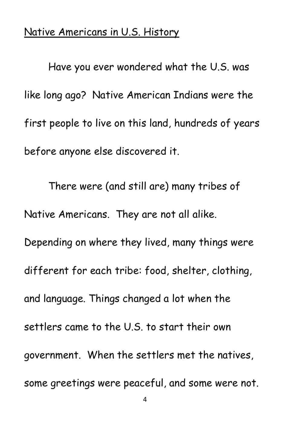 Opening history passage introduces Native American tribes, differences in daily life, and settler encounters