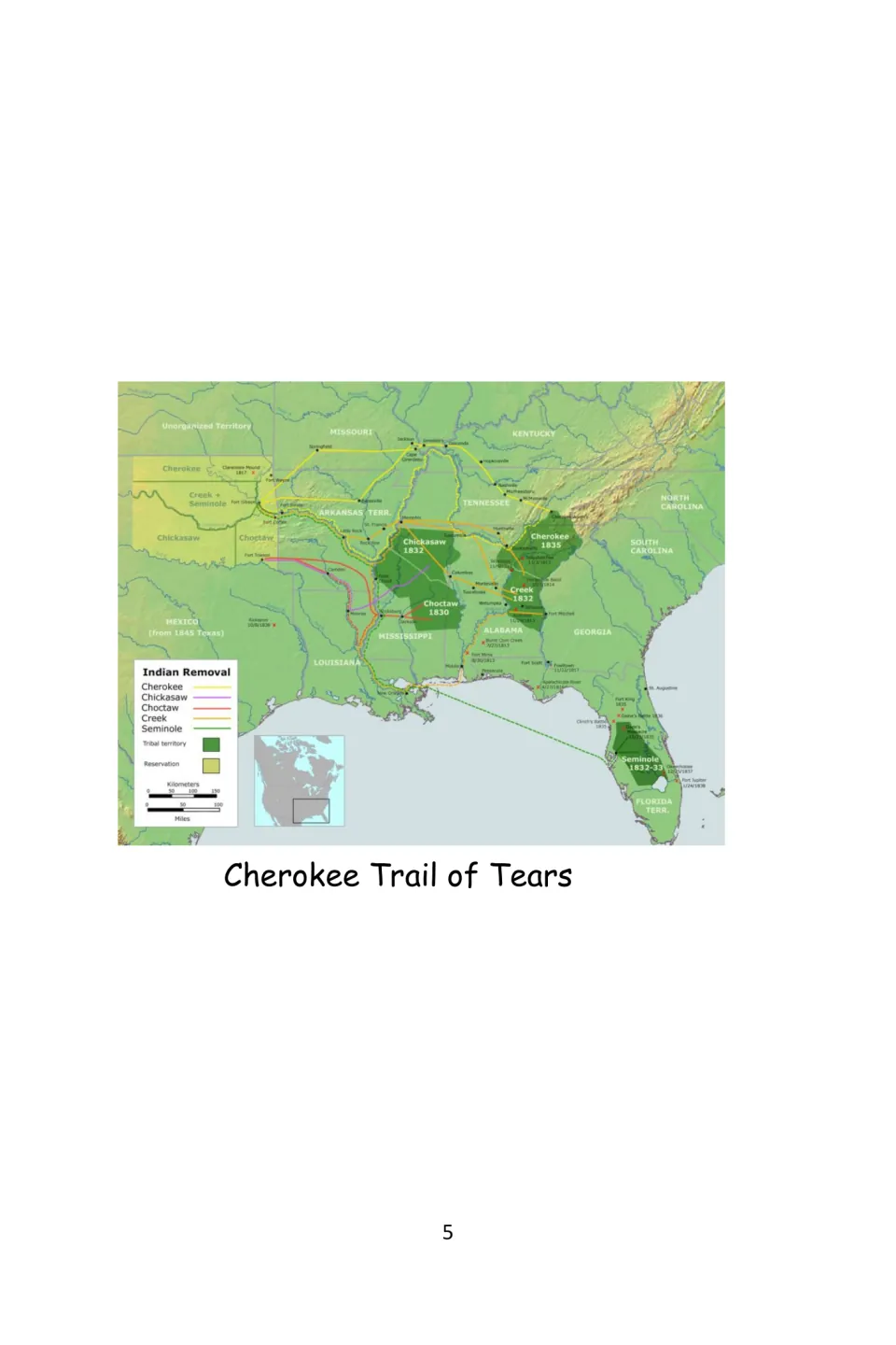 History introduction map captioned Cherokee Trail of Tears shows removal routes for five Native American tribes