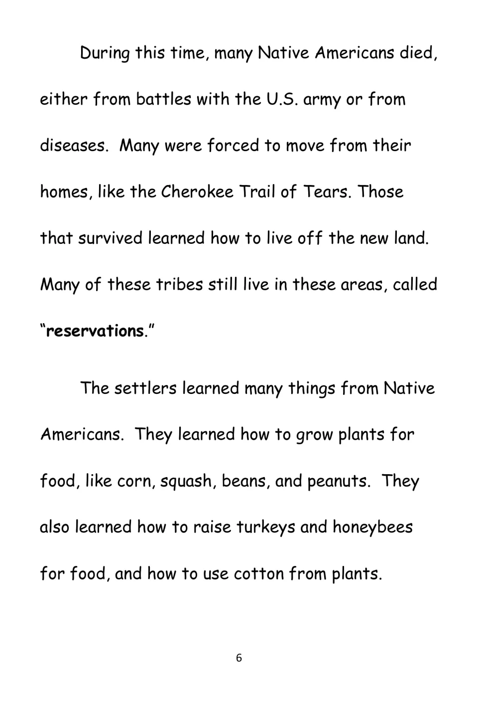 History passage covers forced removal, reservations, and foods and farming skills settlers learned from tribes