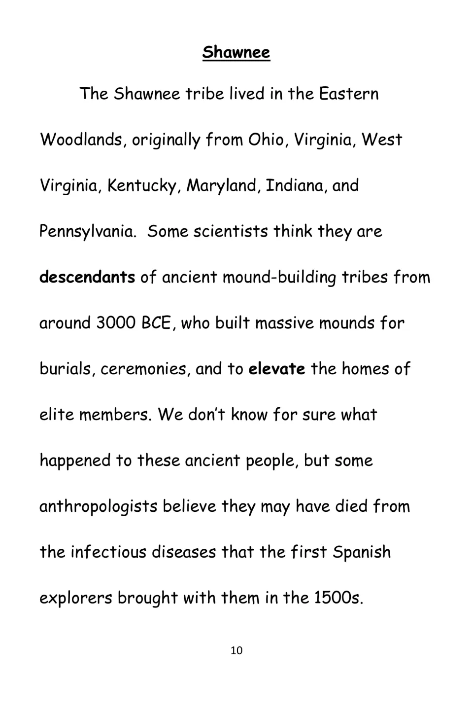 Shawnee reading passage names Eastern Woodlands homelands and discusses possible ancestry among mound-builders