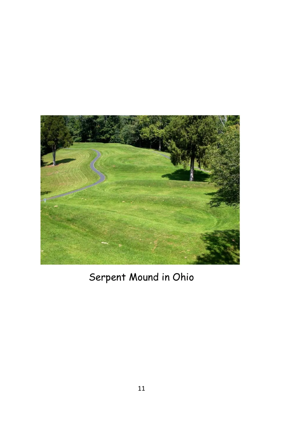 Shawnee section photograph of Serpent Mound in Ohio illustrates the earthworks discussed in the preceding passage
