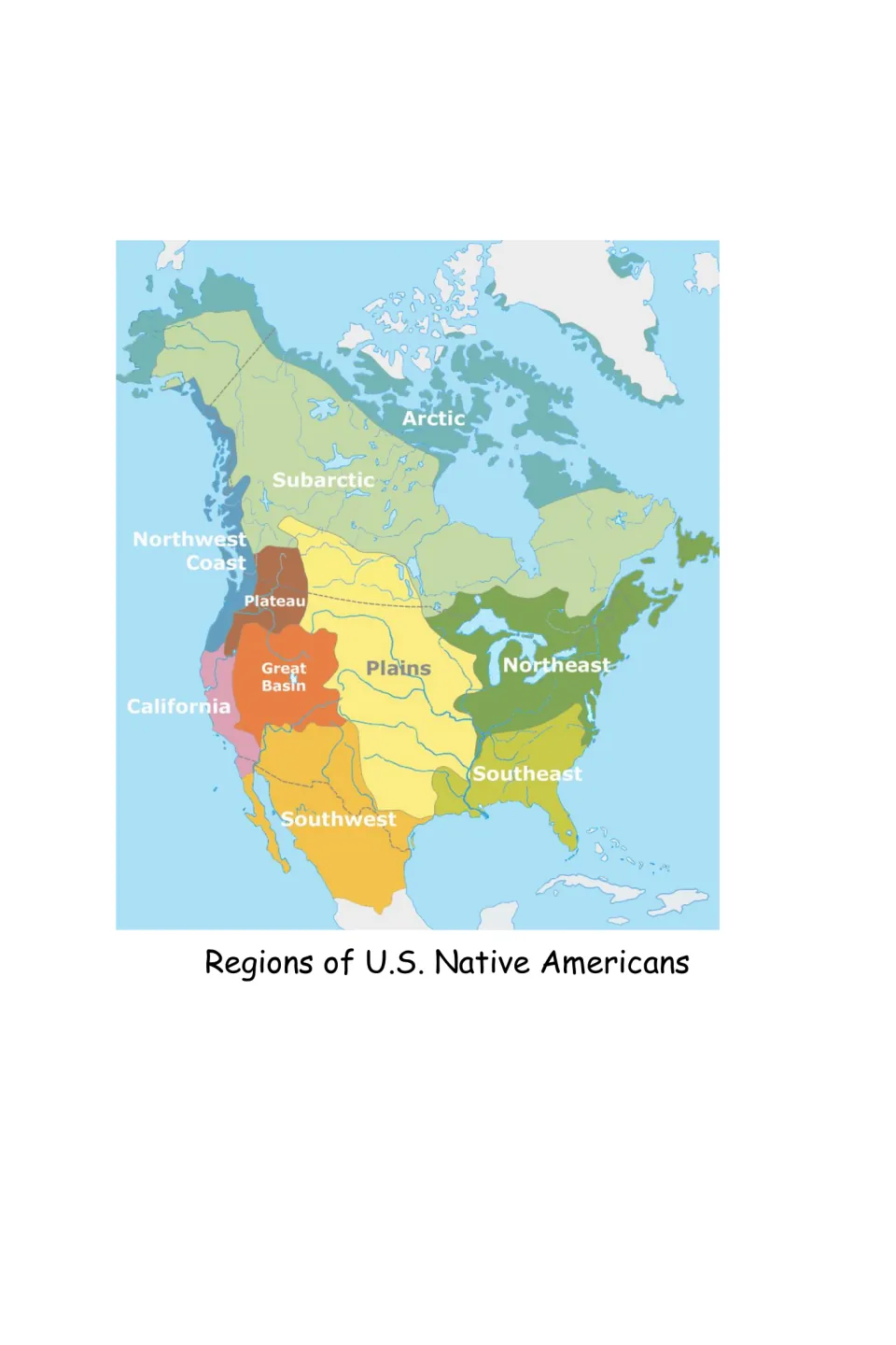 Regional map in the history eBook labels Native American regions, including Plains, Southwest, and Northeast