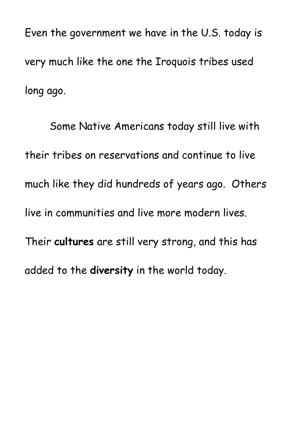 History passage concludes the introduction with Iroquois government, reservations, cultures, and diversity