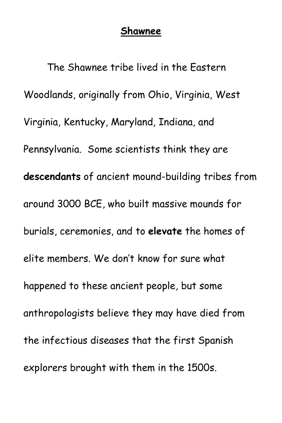 Shawnee section opens with Eastern Woodlands homelands and a discussion of possible mound-building ancestors