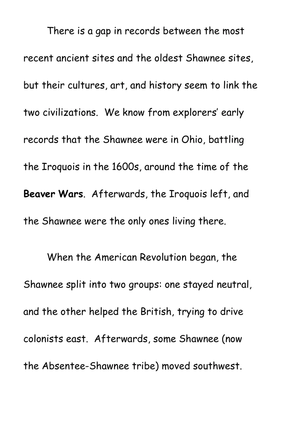 Shawnee history passage continues with early records, the Beaver Wars, and roles in the American Revolution