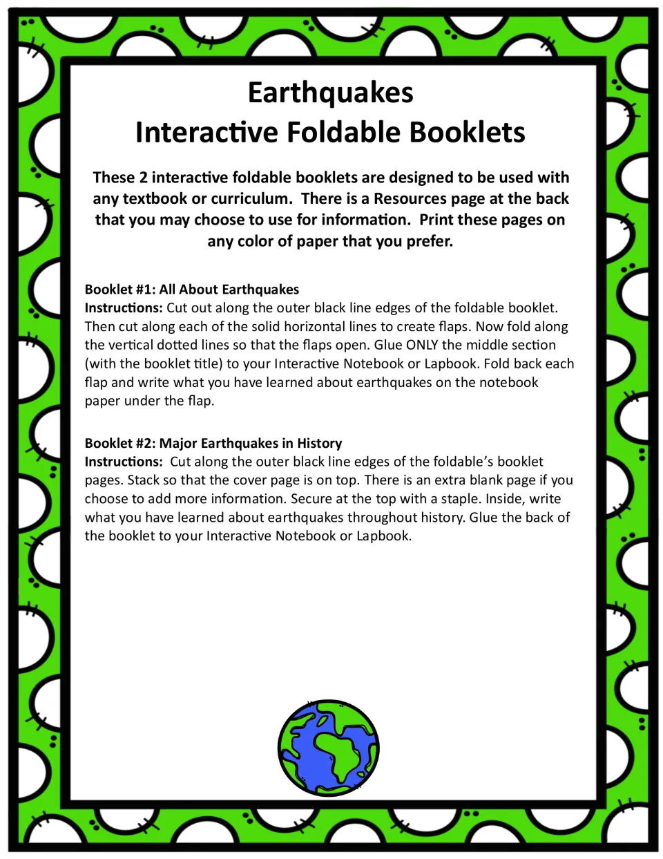 Assembly directions for two earthquake booklets: cut and fold the facts flaps, then stack and staple history pages