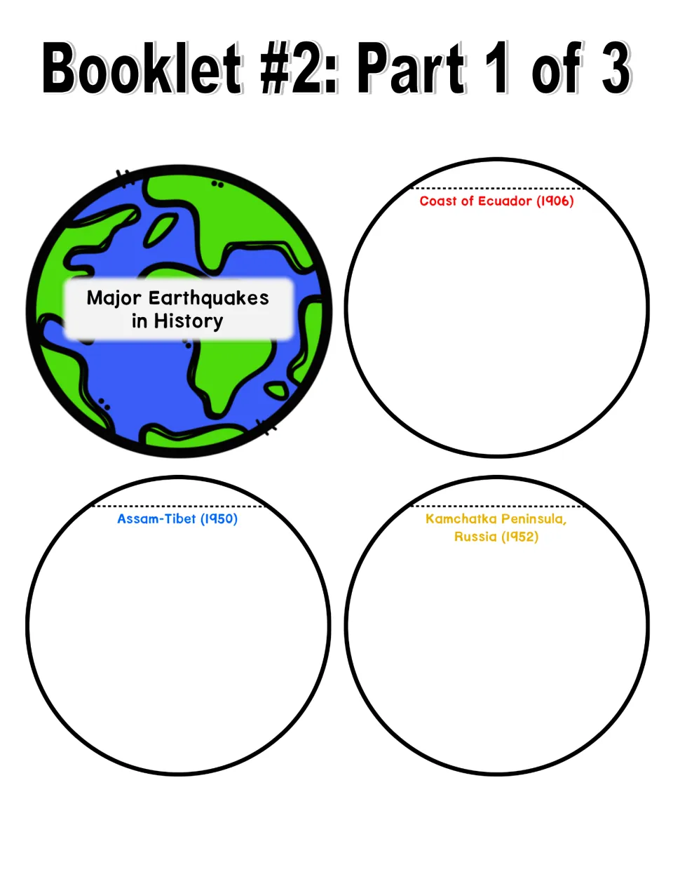 History booklet pieces: globe cover, Coast of Ecuador (1906), Assam-Tibet (1950), and Kamchatka, Russia (1952)